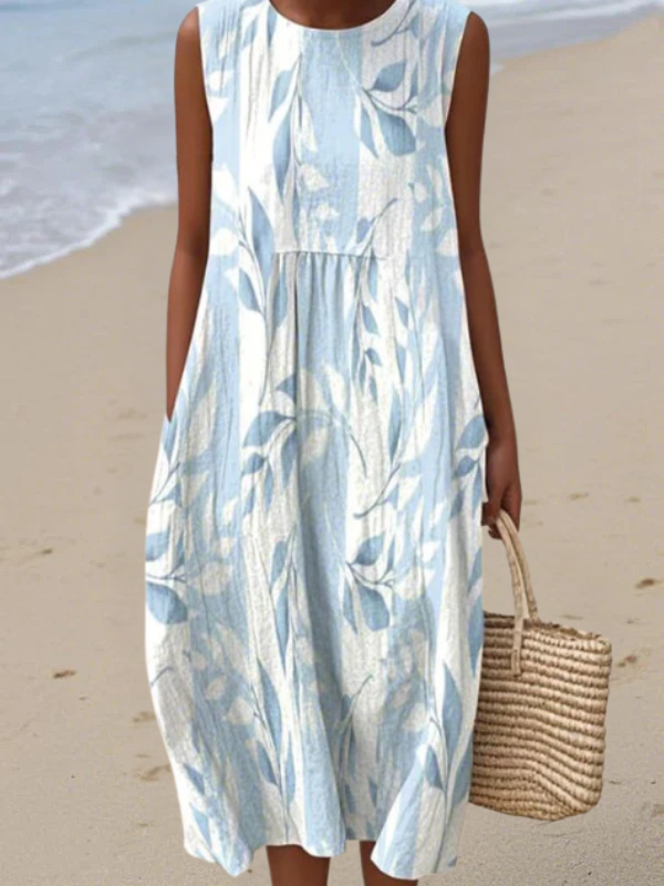 Madison | Blue Leaf Print Midi Dress