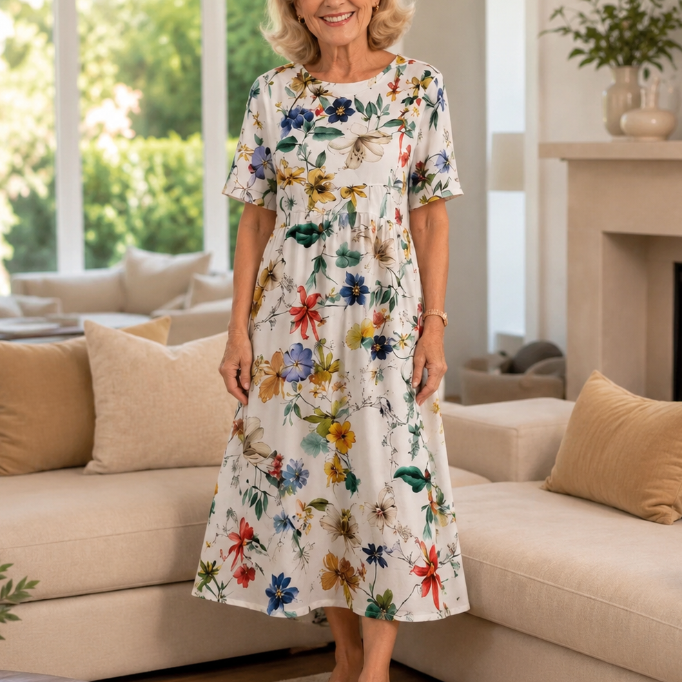 Camille | Floral Round-Neck Midi Dress