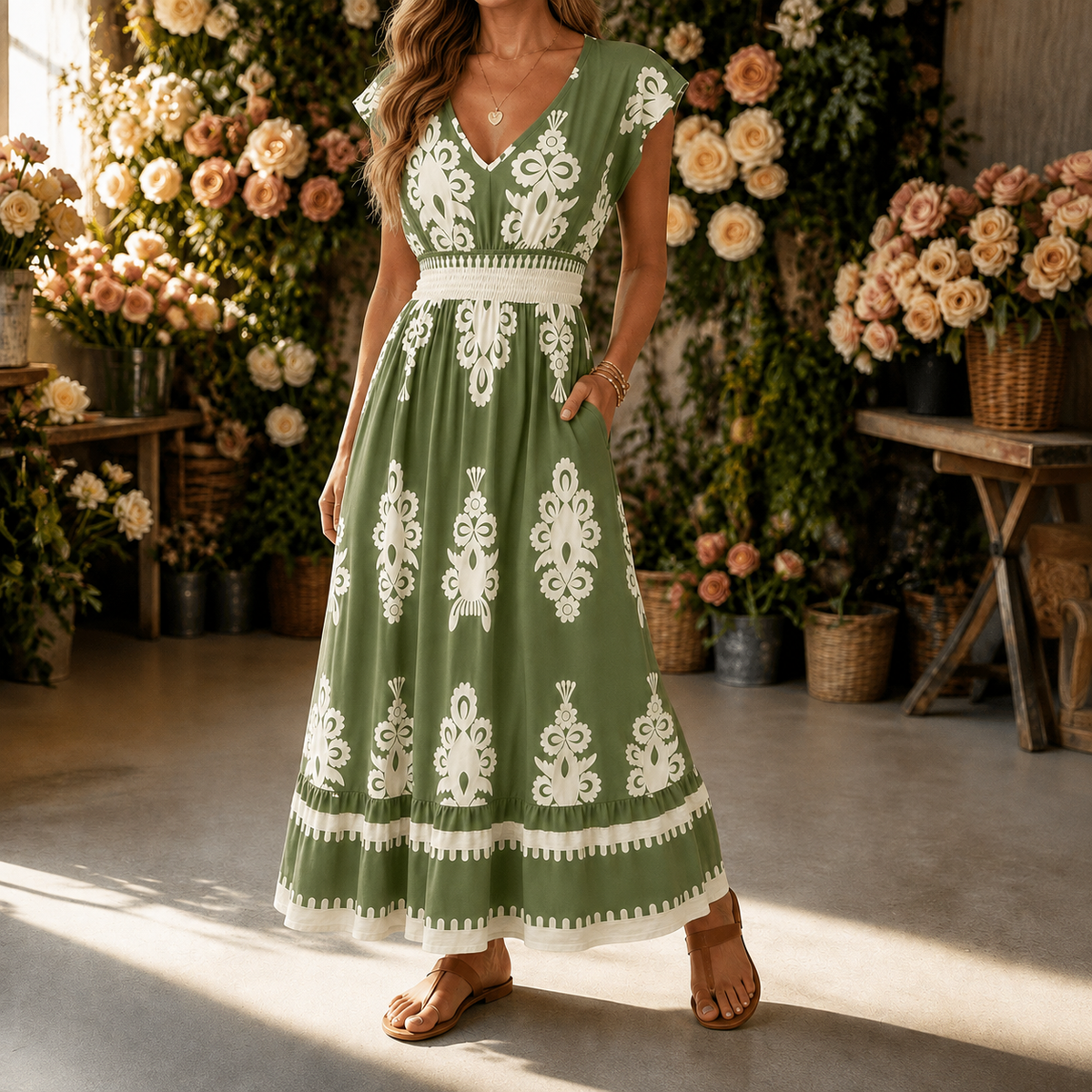 Odette | Damask Print Midi Dress