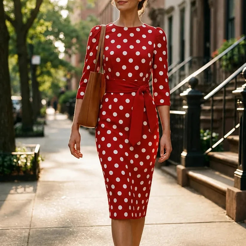 Belora | Polka Dot Belted Midi Dress