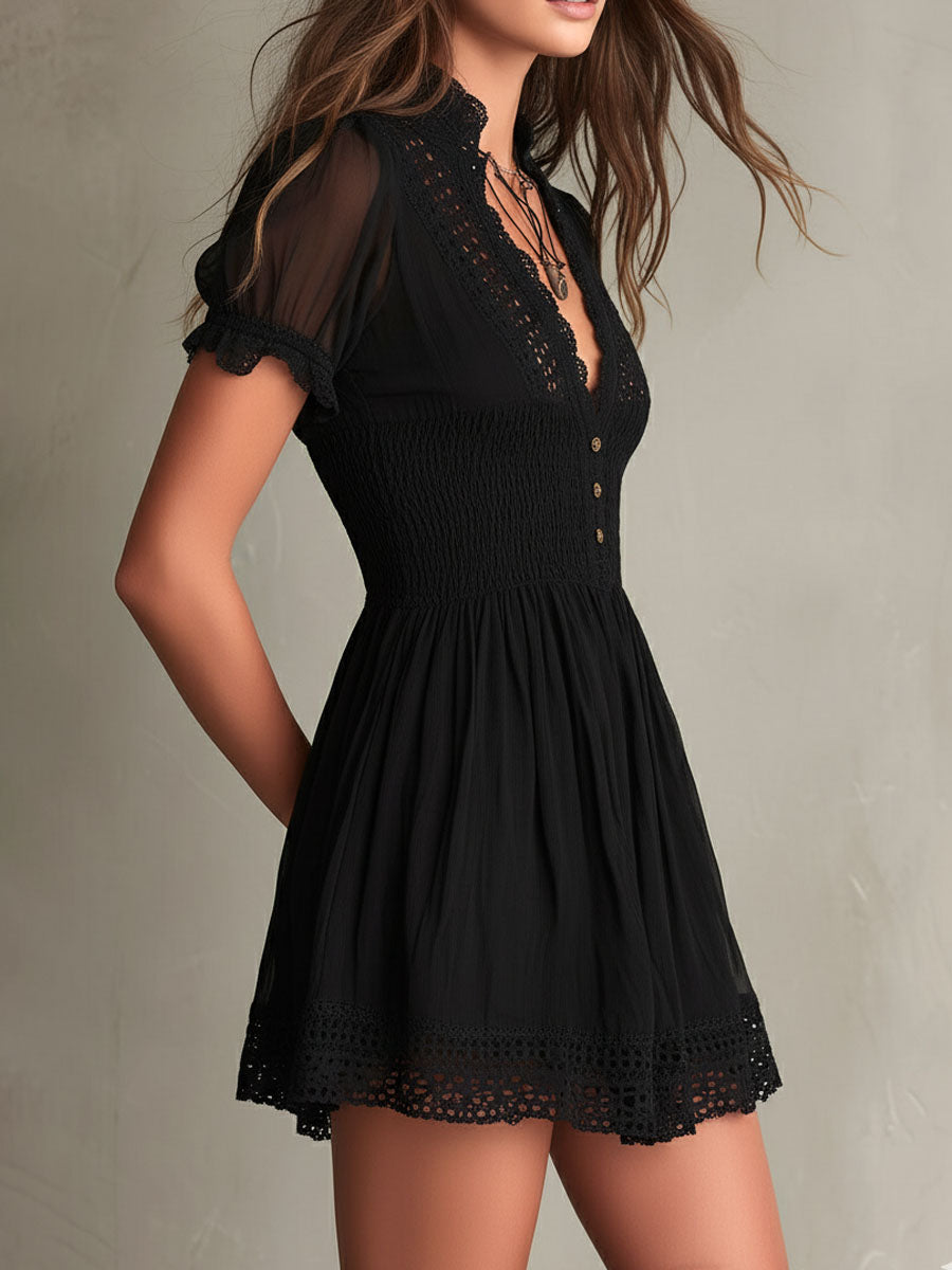 Vivienne | Lace-Trim Smocked Dress