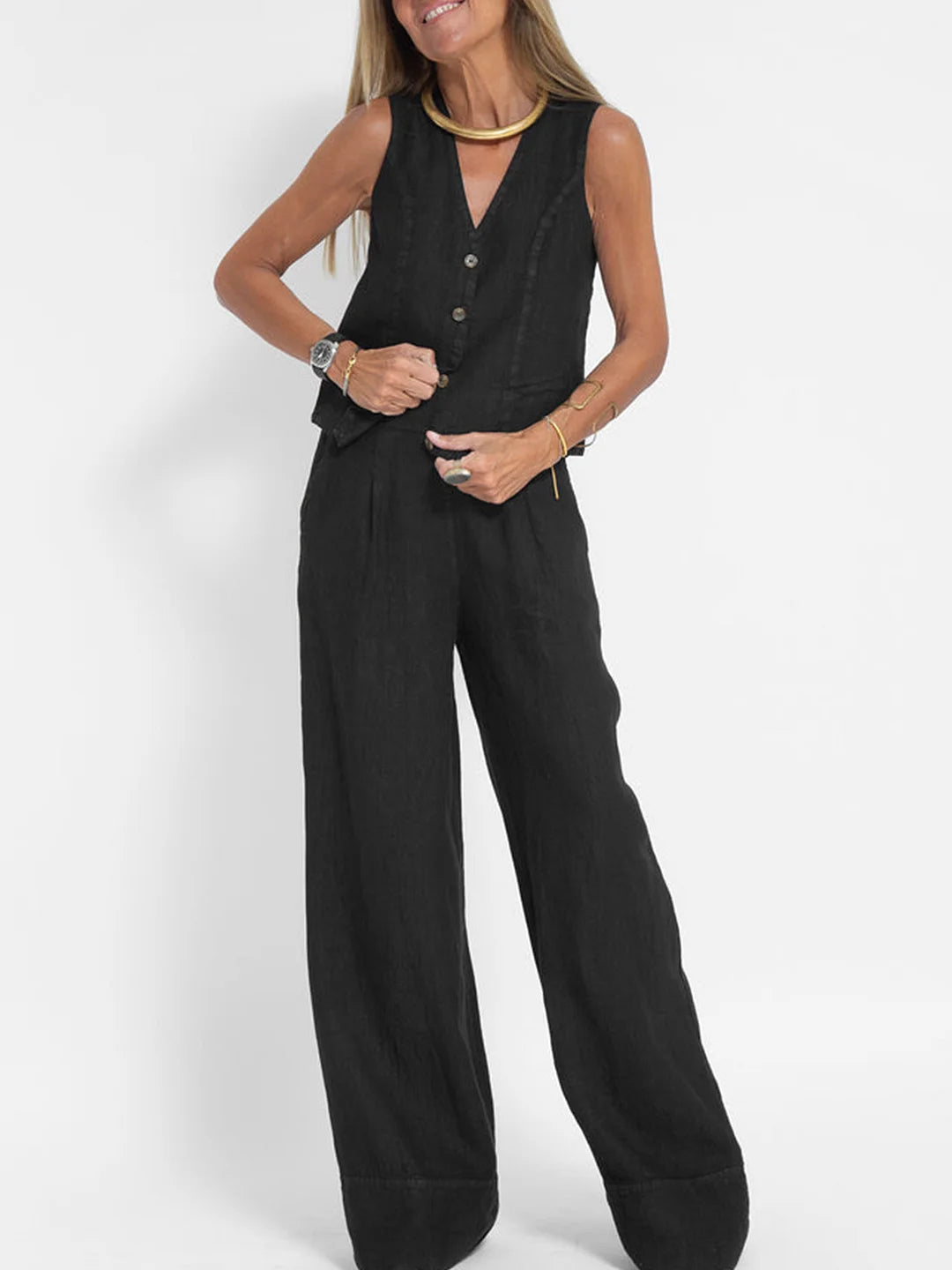 Aira™ – Buttoned Vest &amp; Wide-Leg Trousers Set