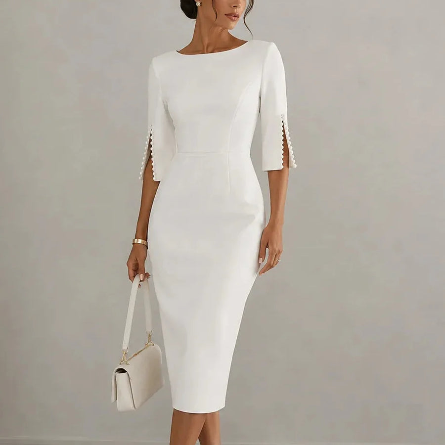 Elarosa | Pearl-Trim Slit Sleeve Dress
