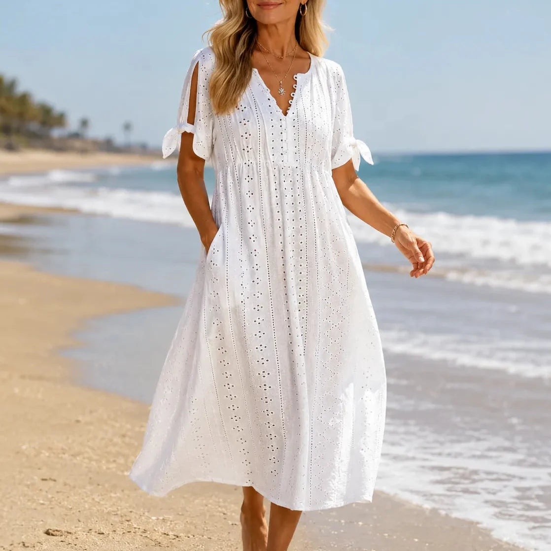 Lunavia | Eyelet Tie-Sleeve Midi Dress