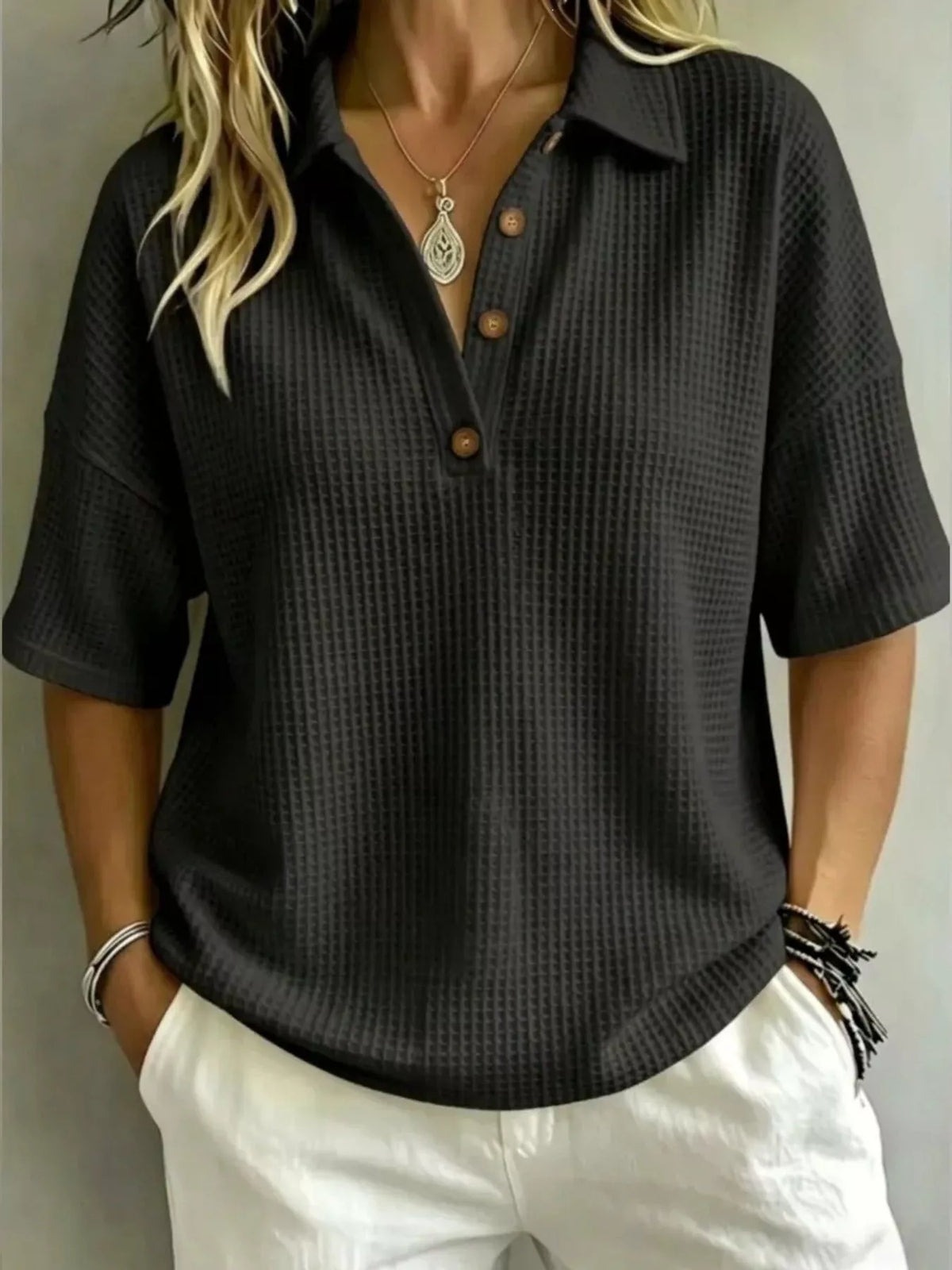 Marianne | Waffle Knit Polo Top