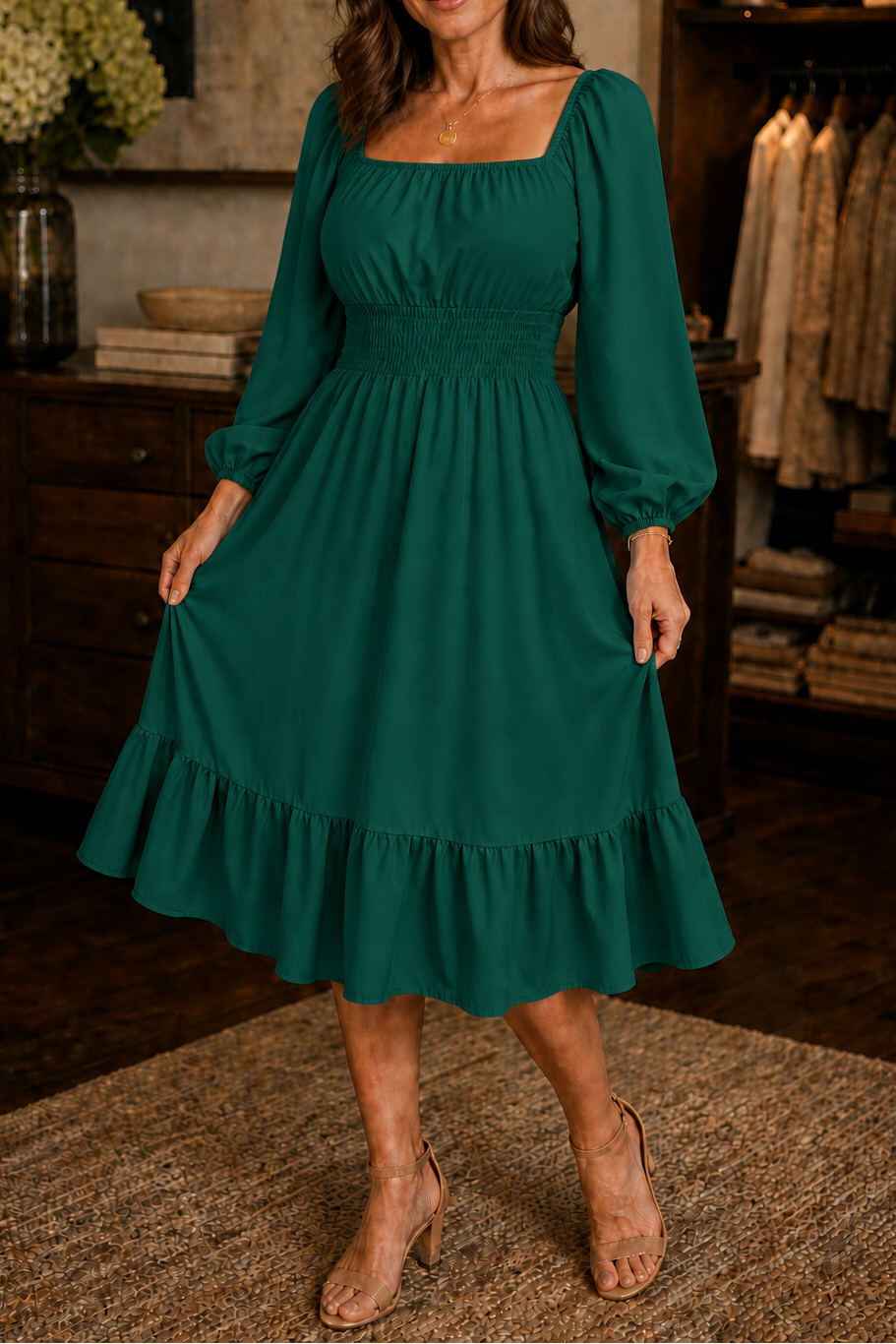 Adeline | Smocked Square-Neck Midi Dress