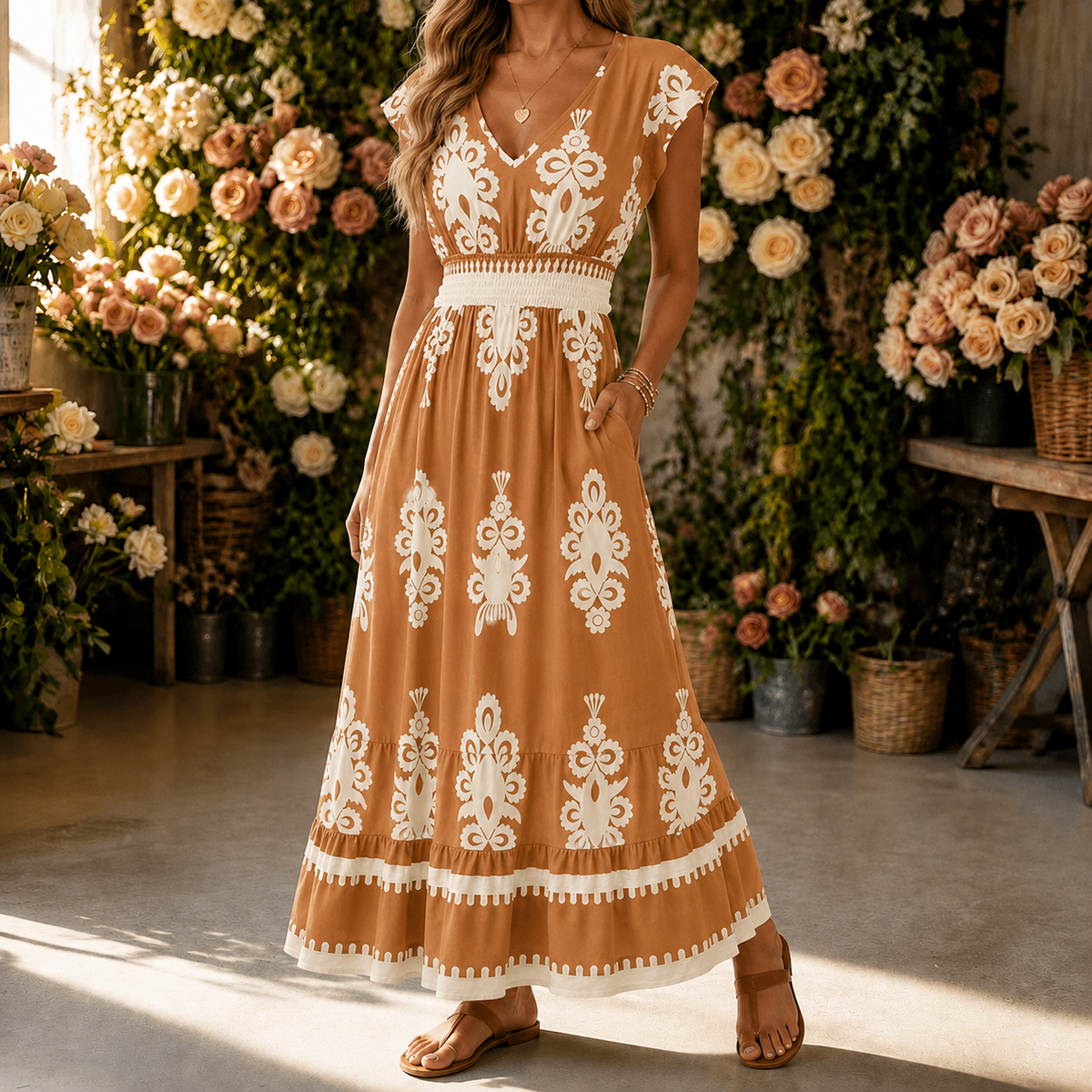Odette | Damask Print Midi Dress