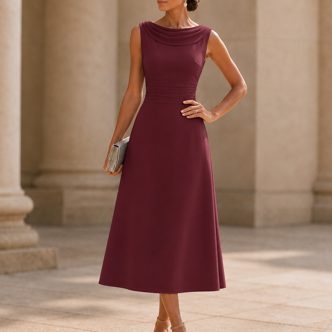 Draperie | Draped-Neck Pleated Midi Dress