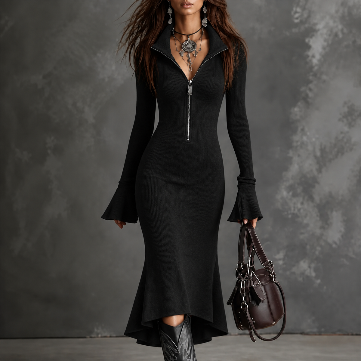 Selara | Half-Zip Fishtail Midi Dress