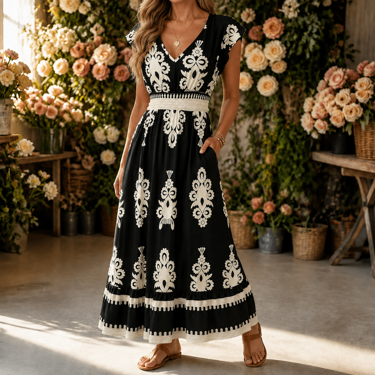Odette | Damask Print Midi Dress
