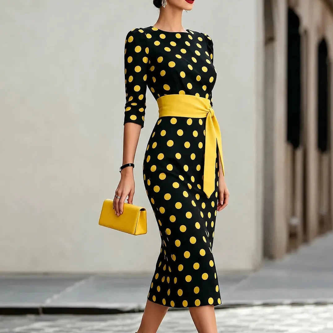 Belora | Polka Dot Belted Midi Dress