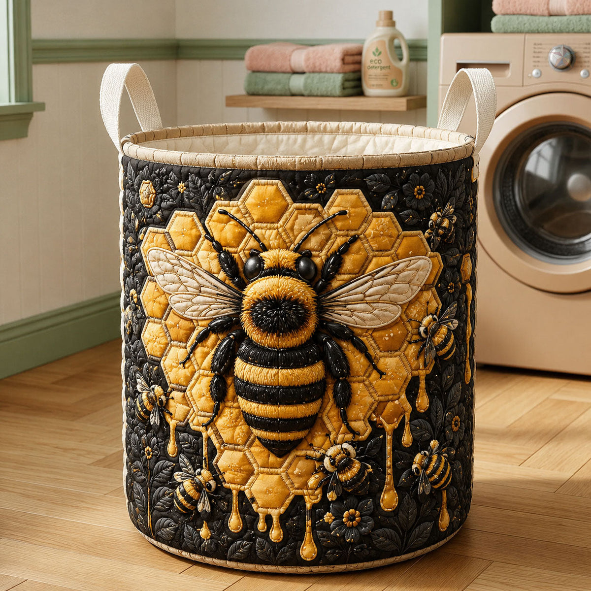 Panier à linge matelassé | Abeille en rayon de miel doré