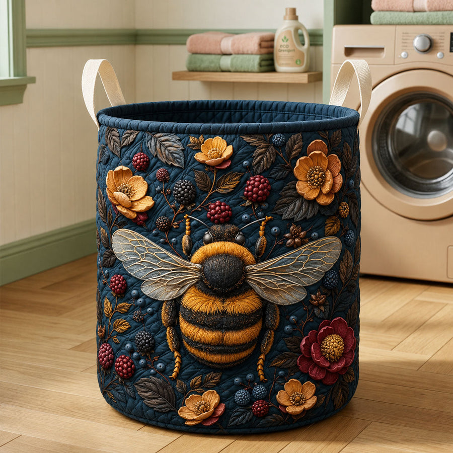 Panier à linge matelassé | Motif floral nocturne et bourdon