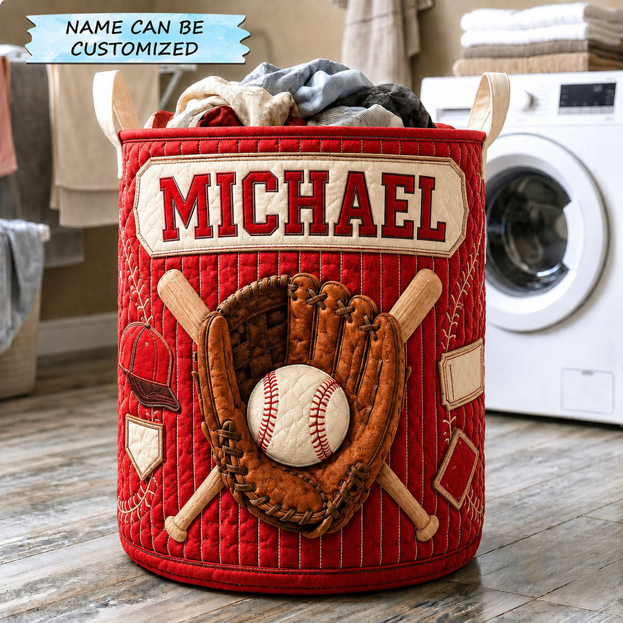 Personalized Baseball Red Glove Classic | Quilted Laundry Basket QTCUZ