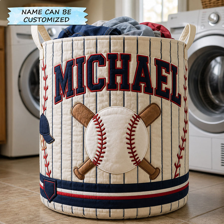 Panier à linge matelassé personnalisé Baseball Pinstripe Slugger QTCUZ
