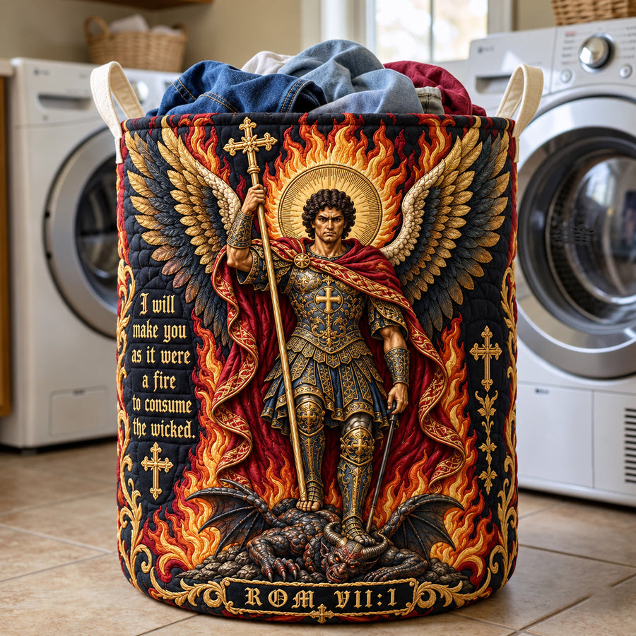 Saint Michael Fire Of Justice | Quilted Laundry Basket