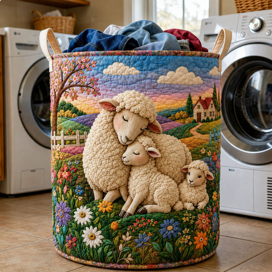 Famille de moutons « Fleurs de printemps » | Panier à linge matelassé