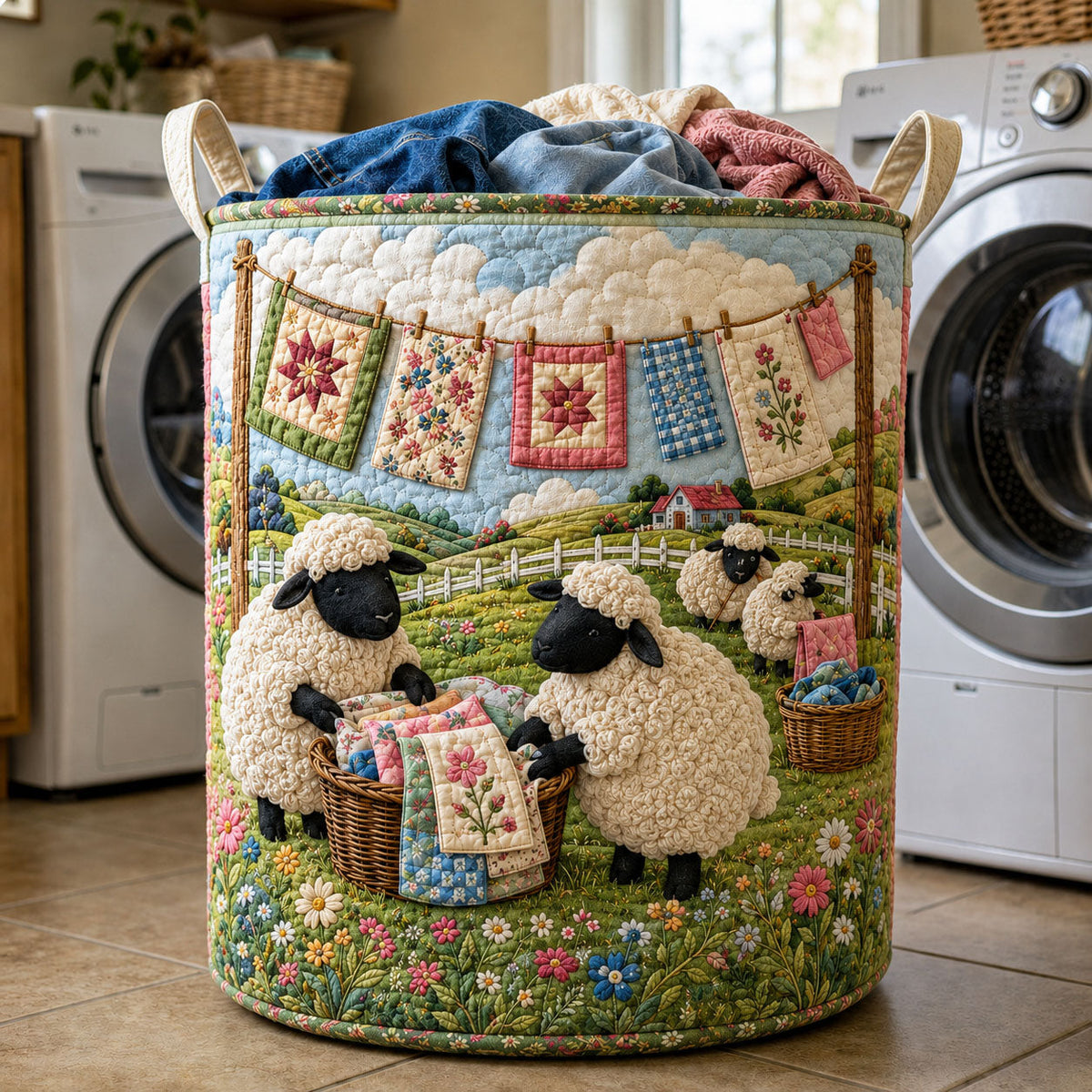 Quilting Day Sheep Patchwork | Quilted Laundry Basket
