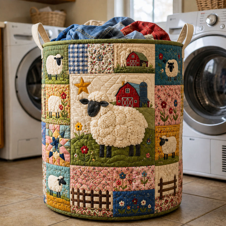 Panier à linge matelassé | Moutons de ferme en patchwork vintage