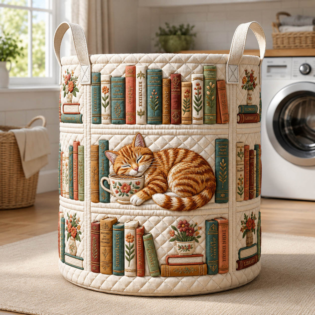 Bookshelf Cat | Quilted Laundry Basket