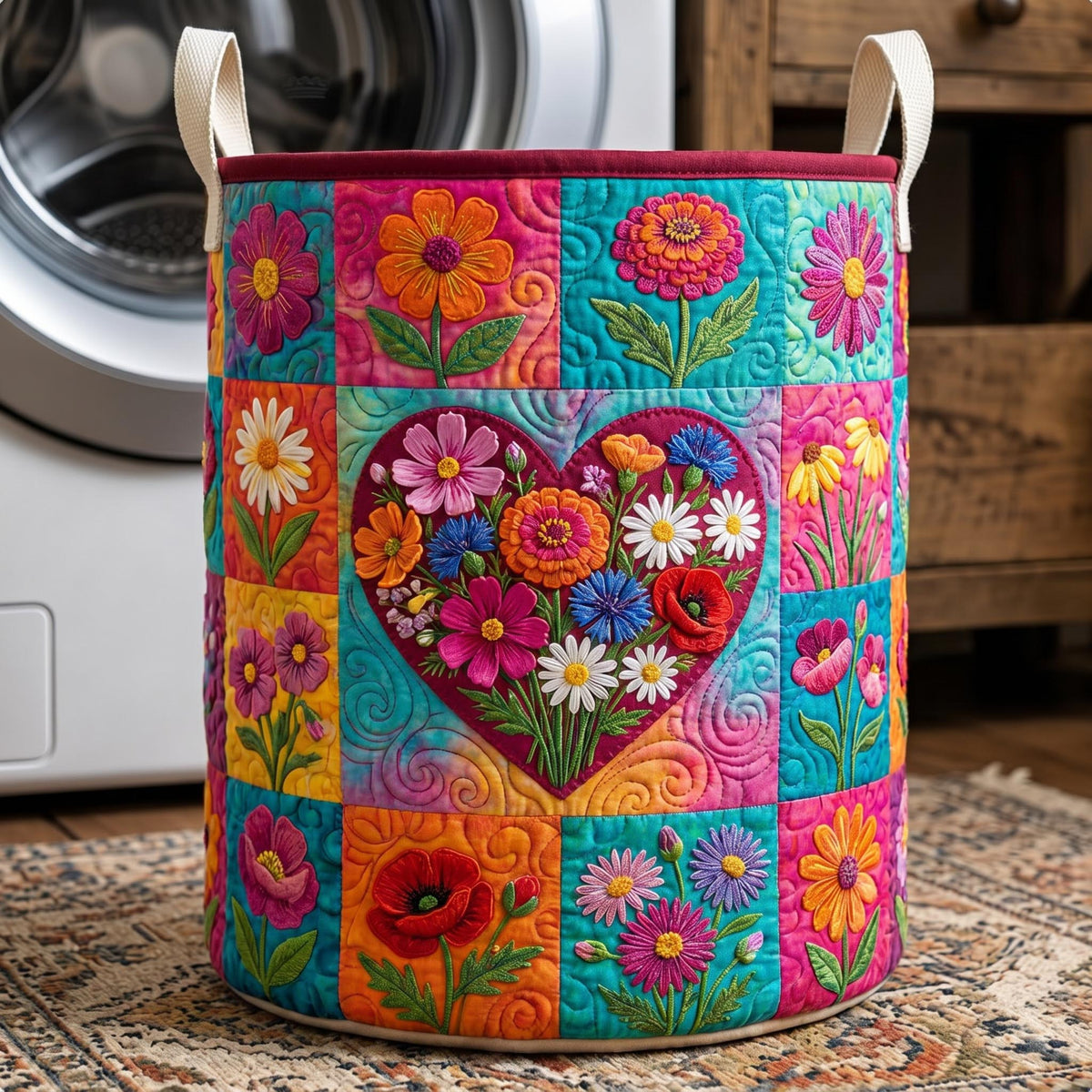 Flower Patchwork | Quilted Laundry Basket