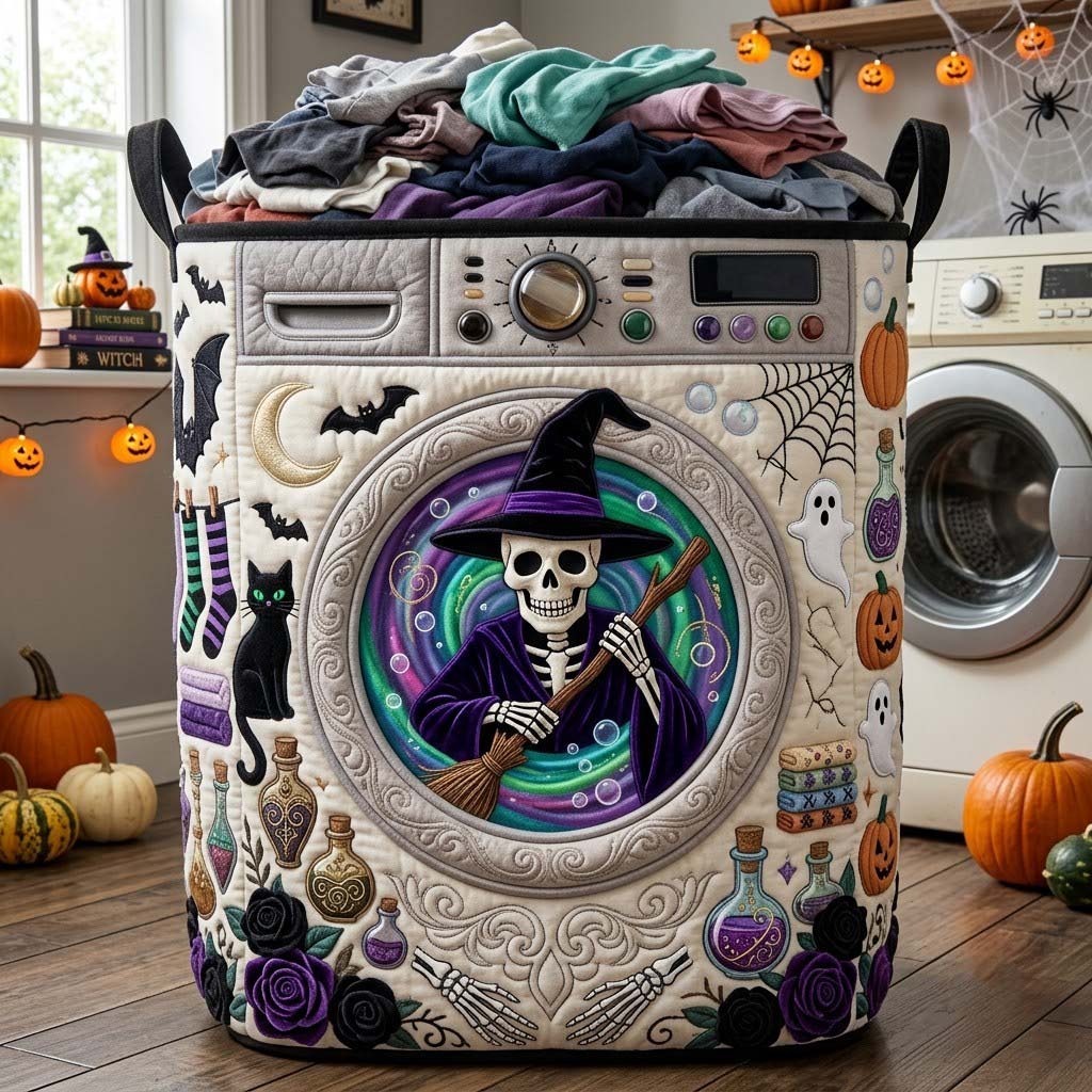 Skeleton Witch Laundry | Quilted Laundry Basket