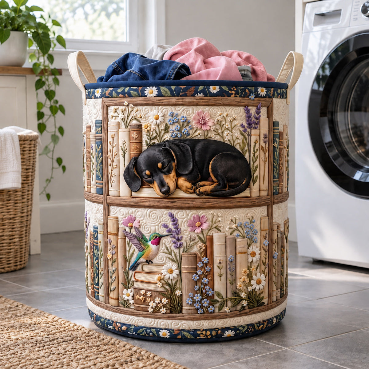Teckel qui lit en ayant sommeil | Panier à linge matelassé