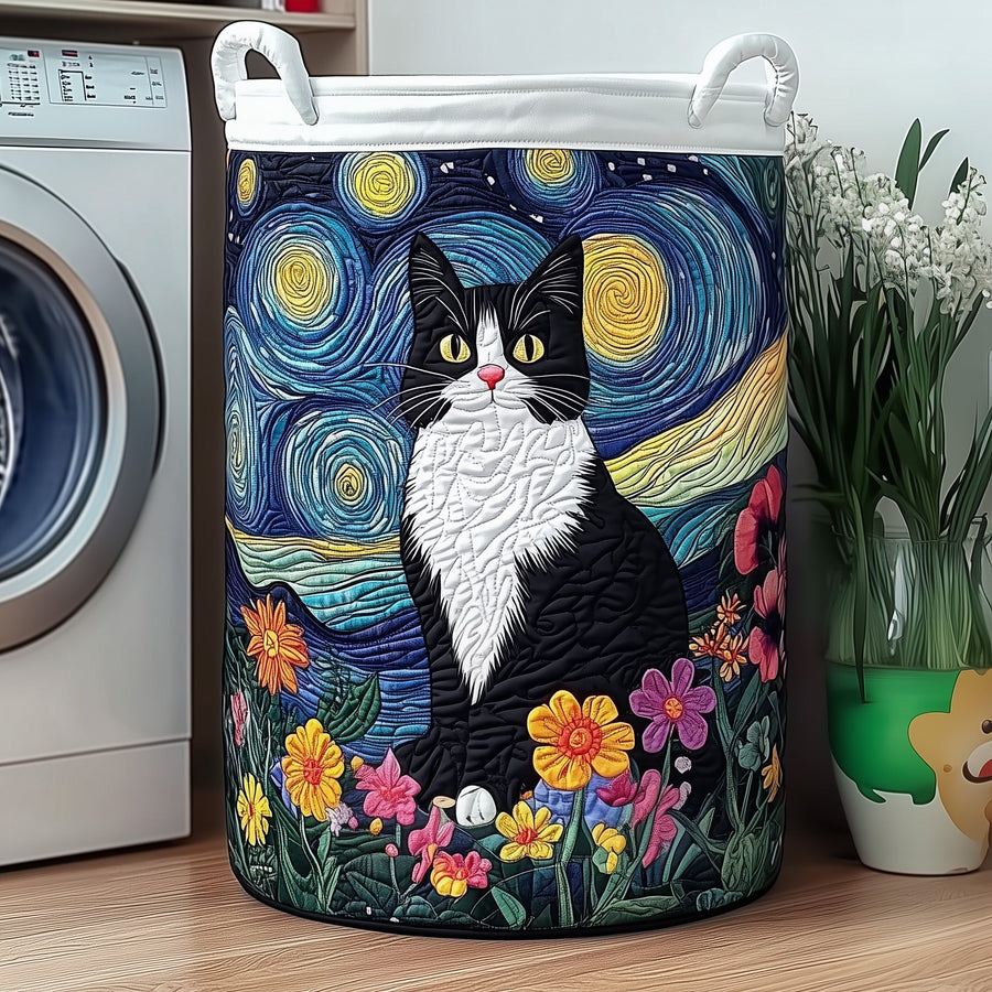 Cat Under Starry Night | Quilted Laundry Basket