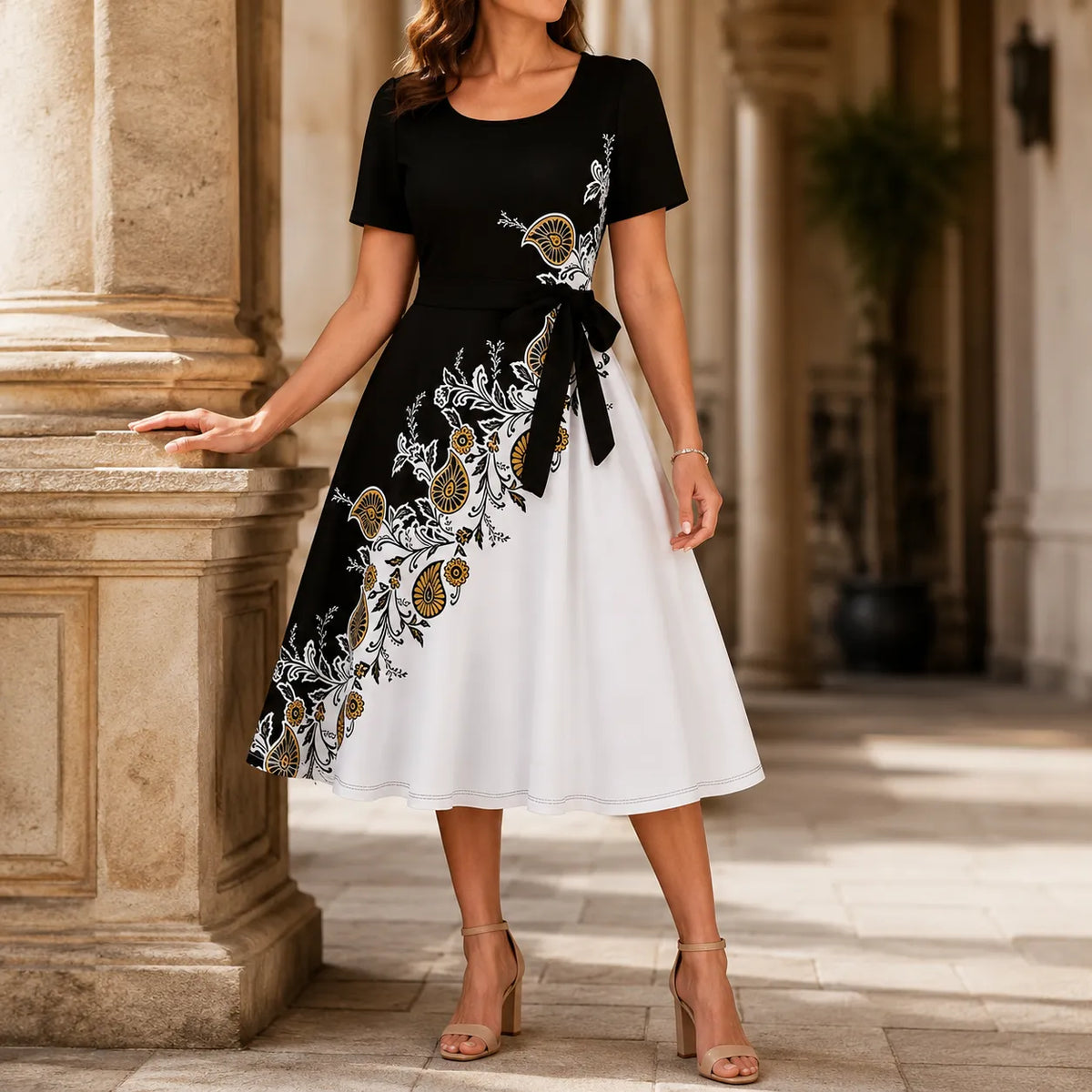 Marveline | Paisley Tie-Waist Midi Dress