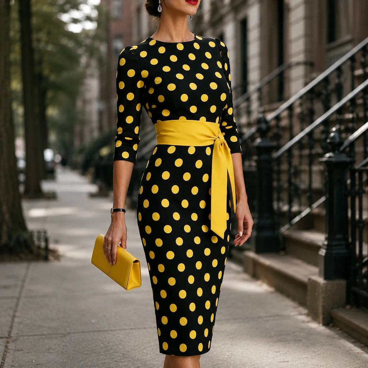 Belora | Polka Dot Belted Midi Dress