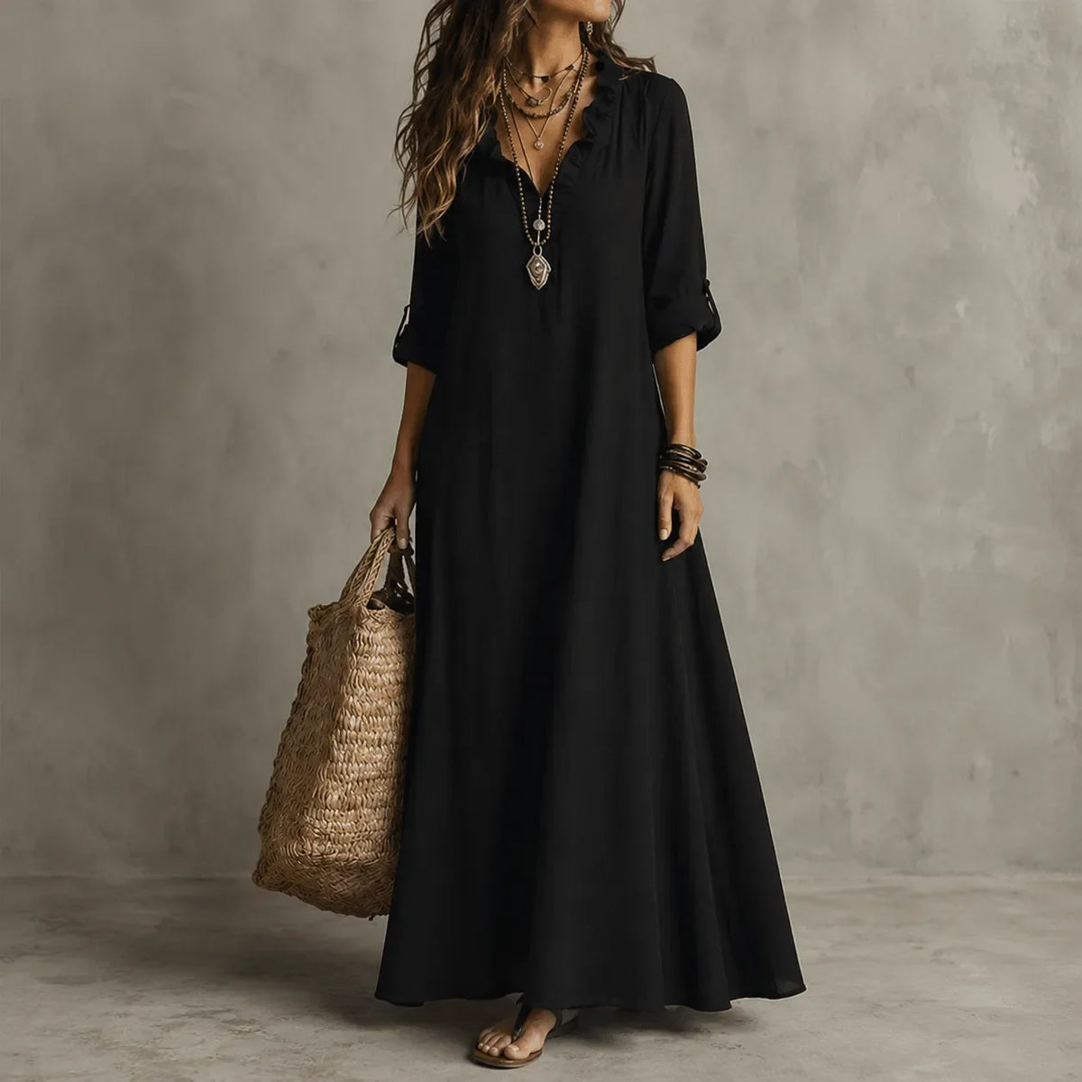 Soléra | Ruffle V-Neck Maxi Dress