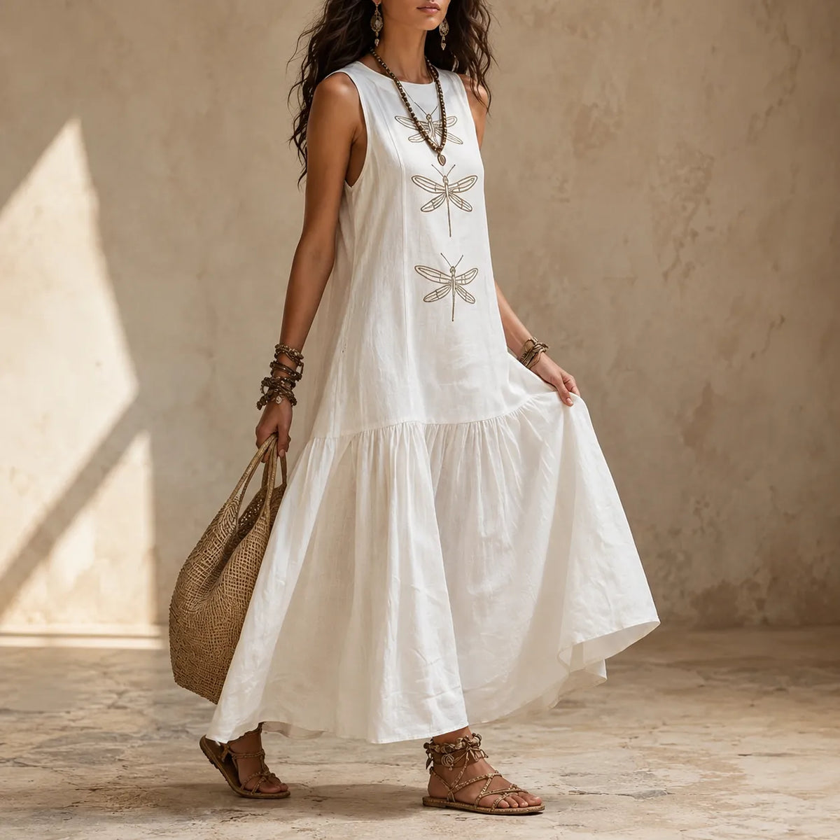 Solenne | Dragonfly Drop-Waist Maxi Dress