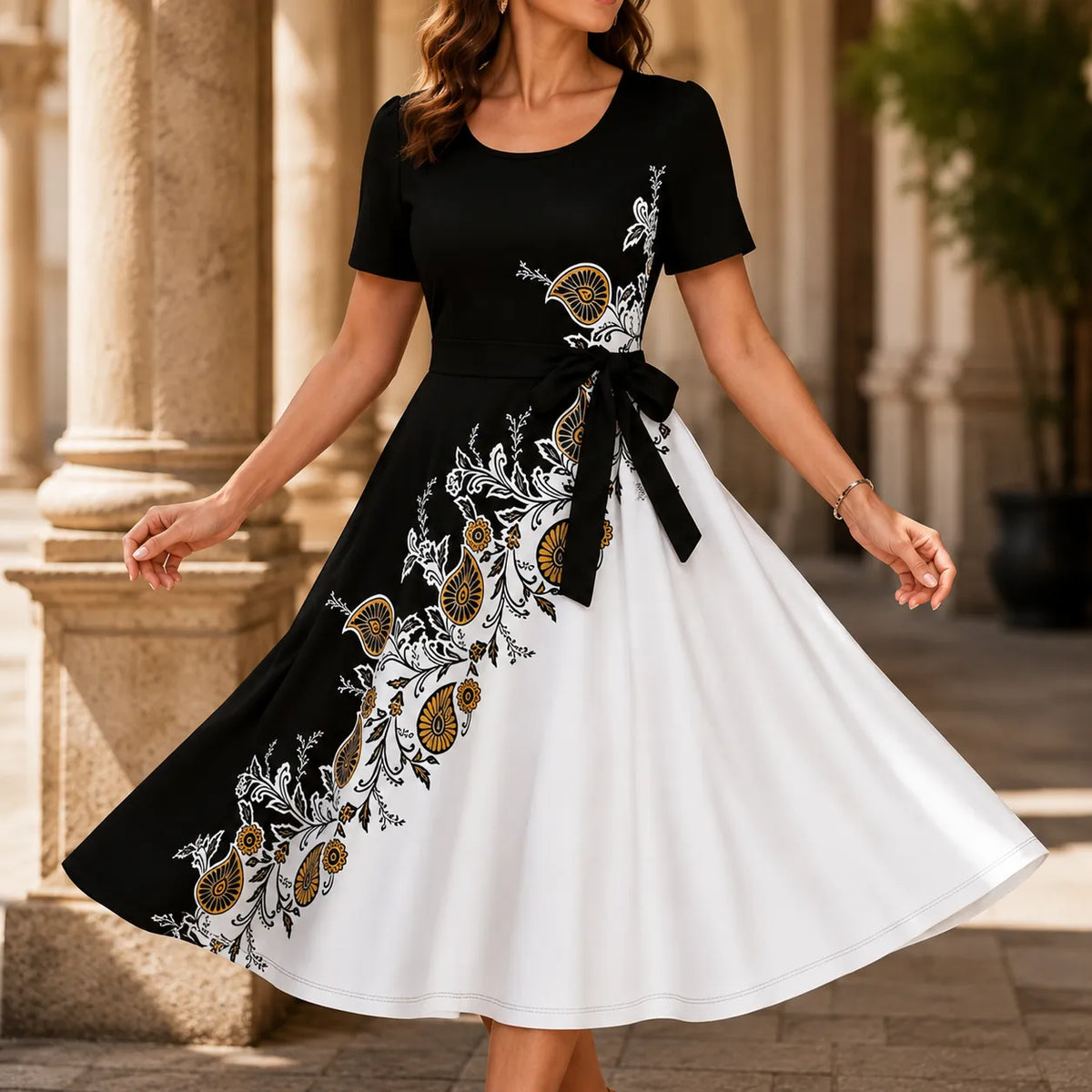 Marveline | Paisley Tie-Waist Midi Dress