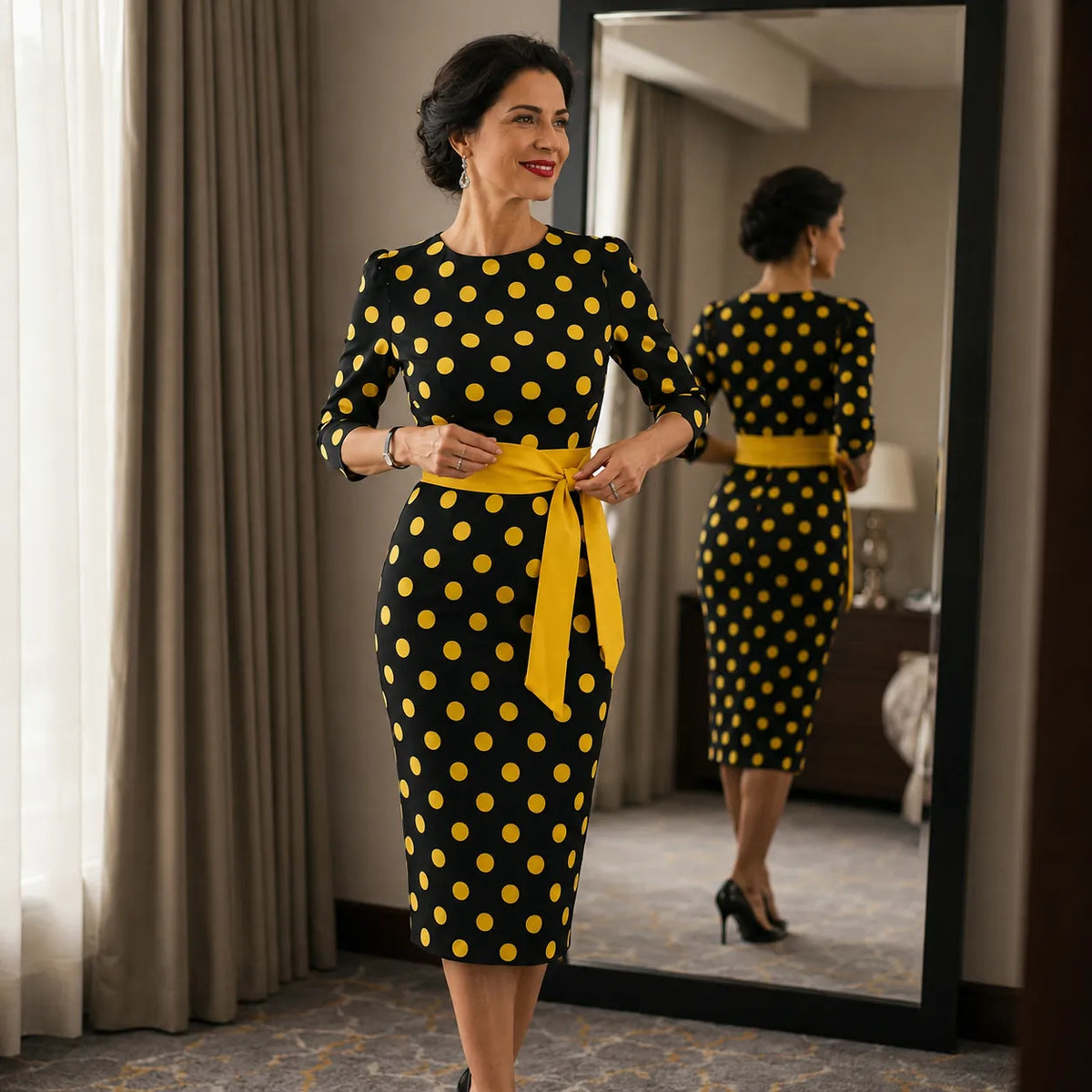 Belora | Polka Dot Belted Midi Dress