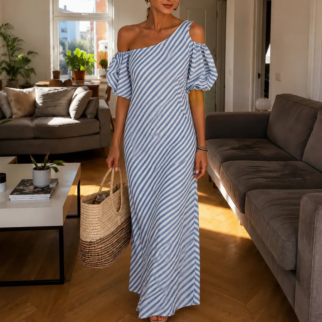 Solenta | One-Shoulder Striped Maxi Dress