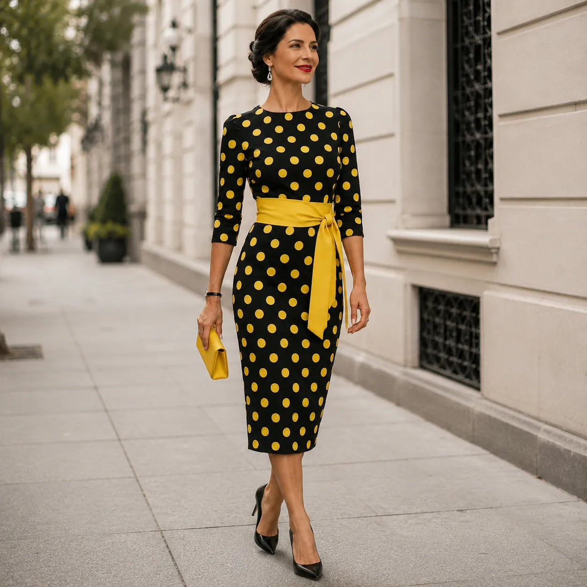 Belora | Polka Dot Belted Midi Dress