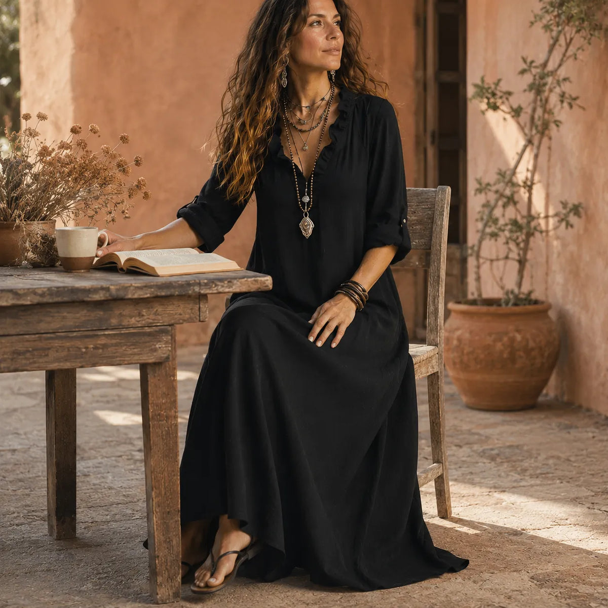 Soléra | Ruffle V-Neck Maxi Dress