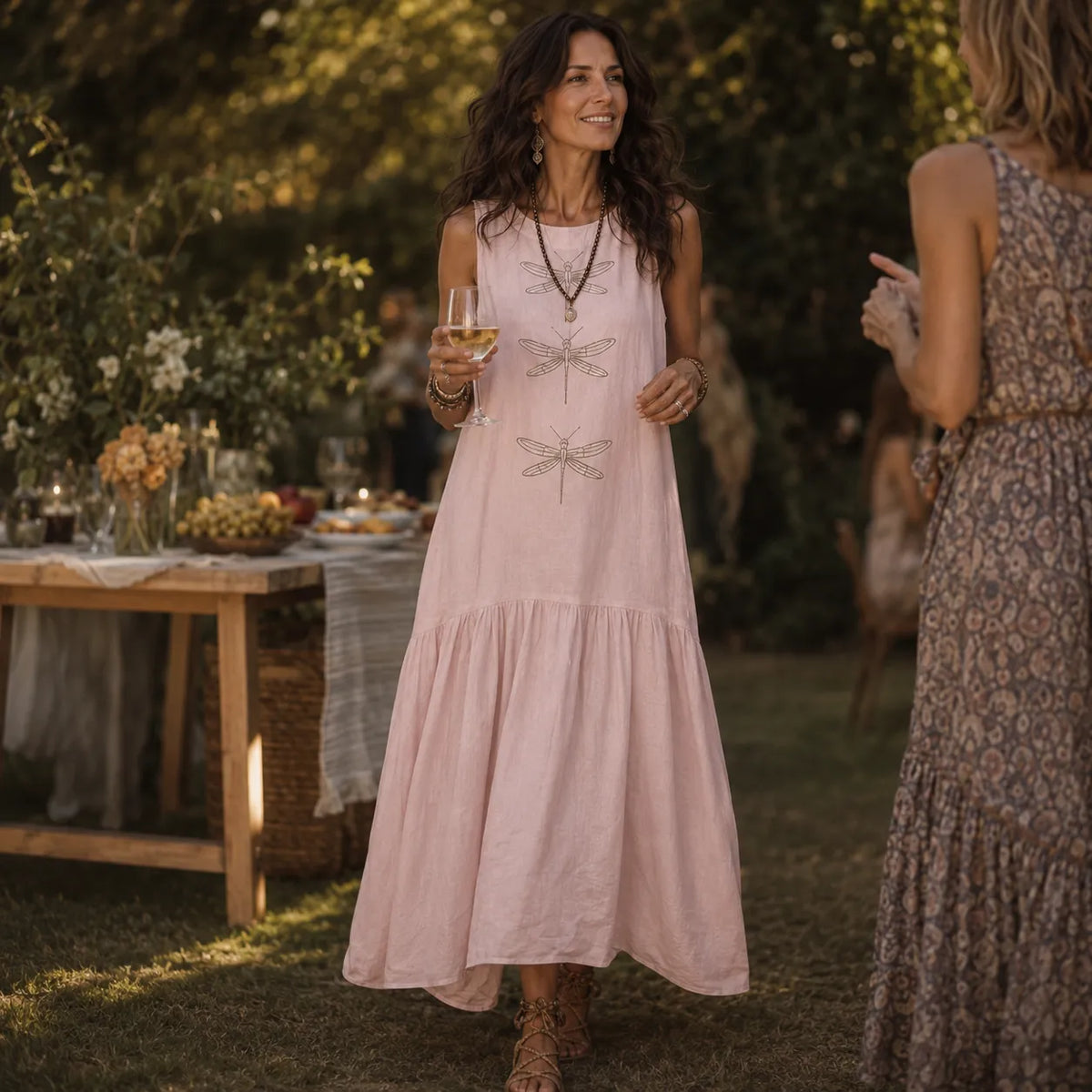 Solenne | Dragonfly Drop-Waist Maxi Dress