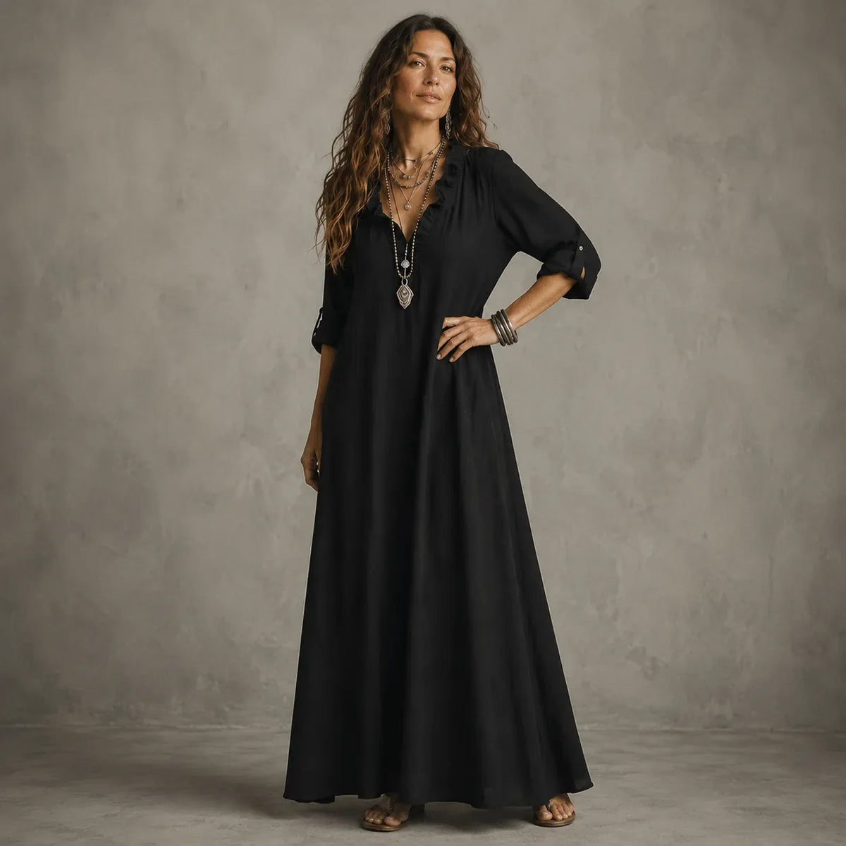 Soléra | Ruffle V-Neck Maxi Dress