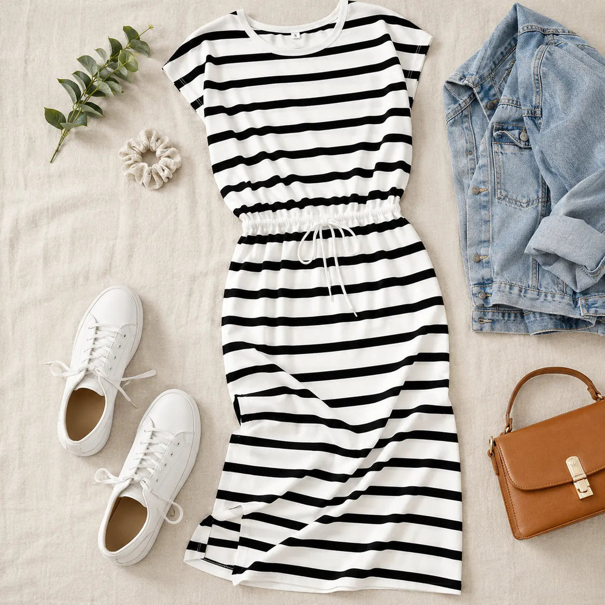 Sereva | Striped Drawstring Midi Dress
