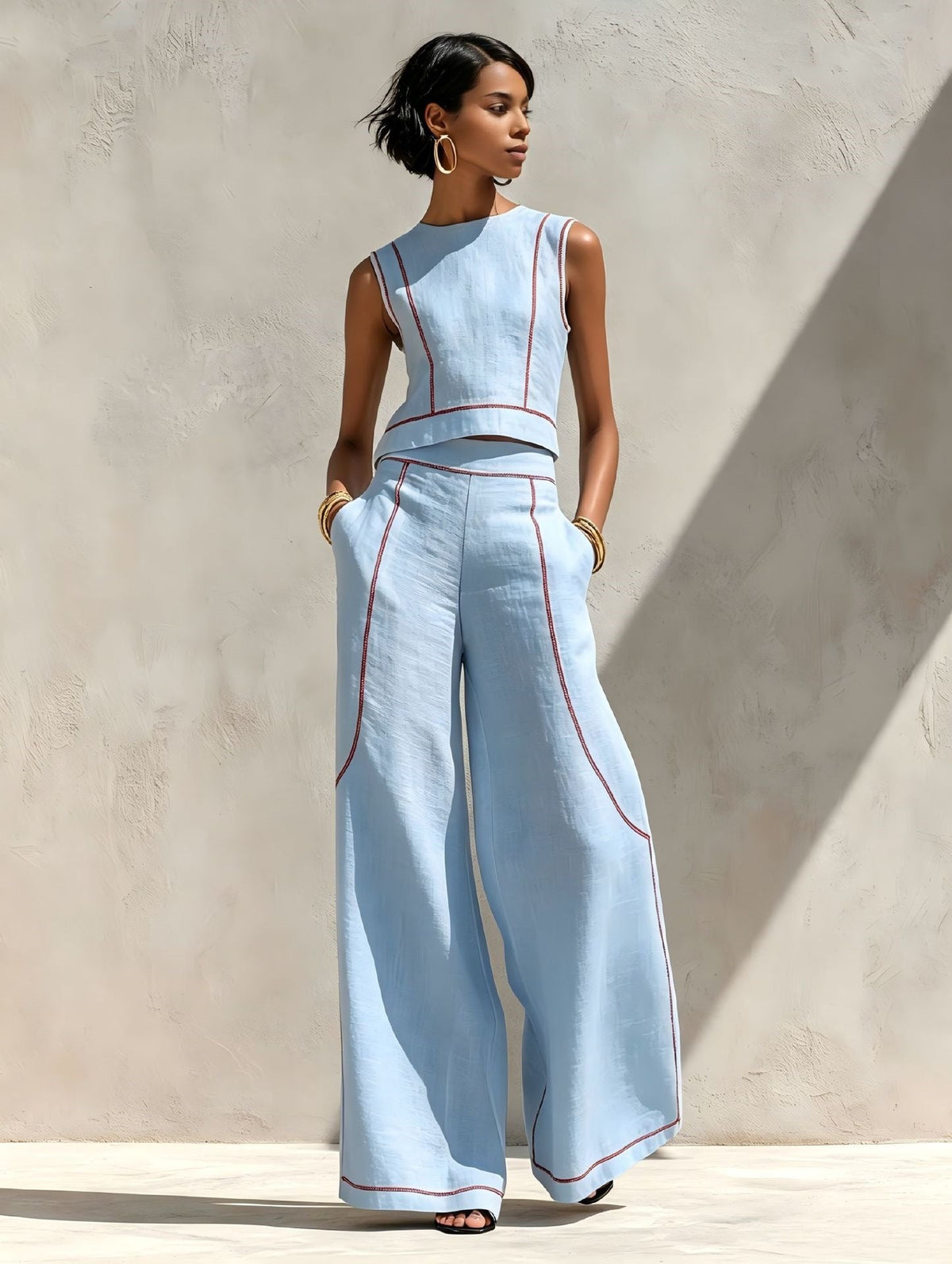 Stella | Contrast-Stitch Pants Set