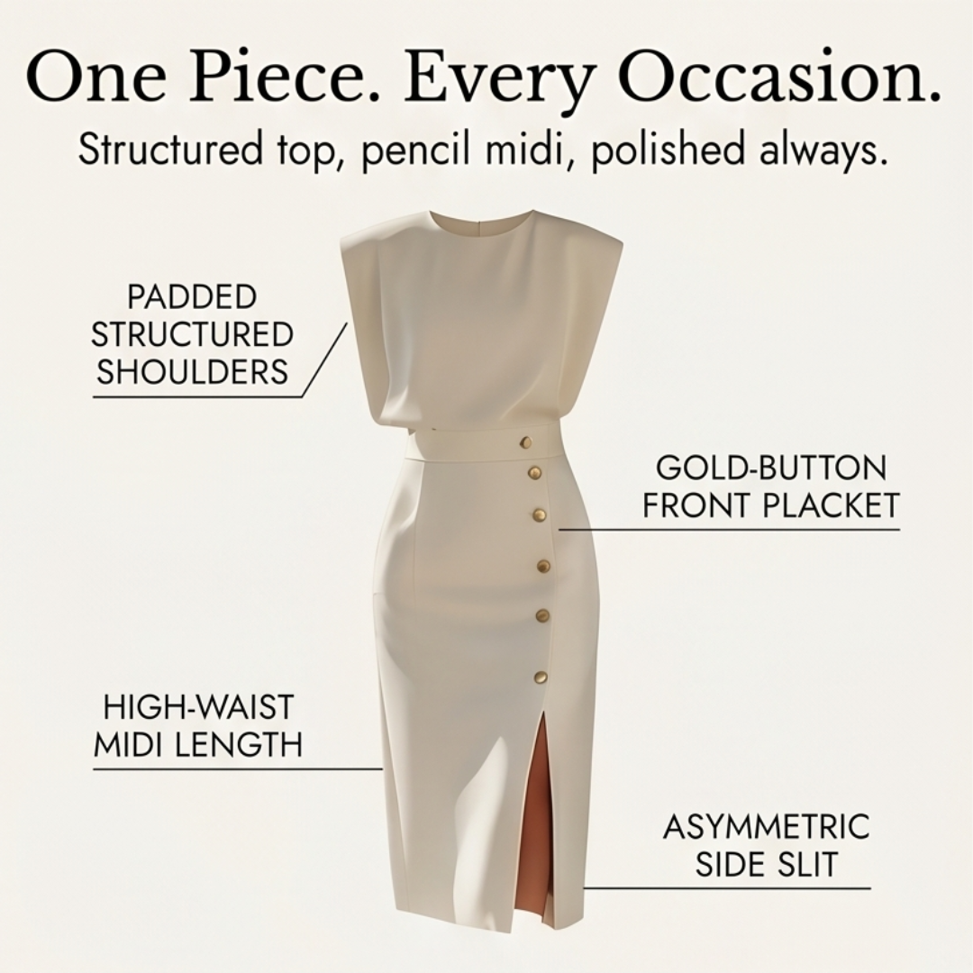 Velora | Gold-Button Slit Midi Dress
