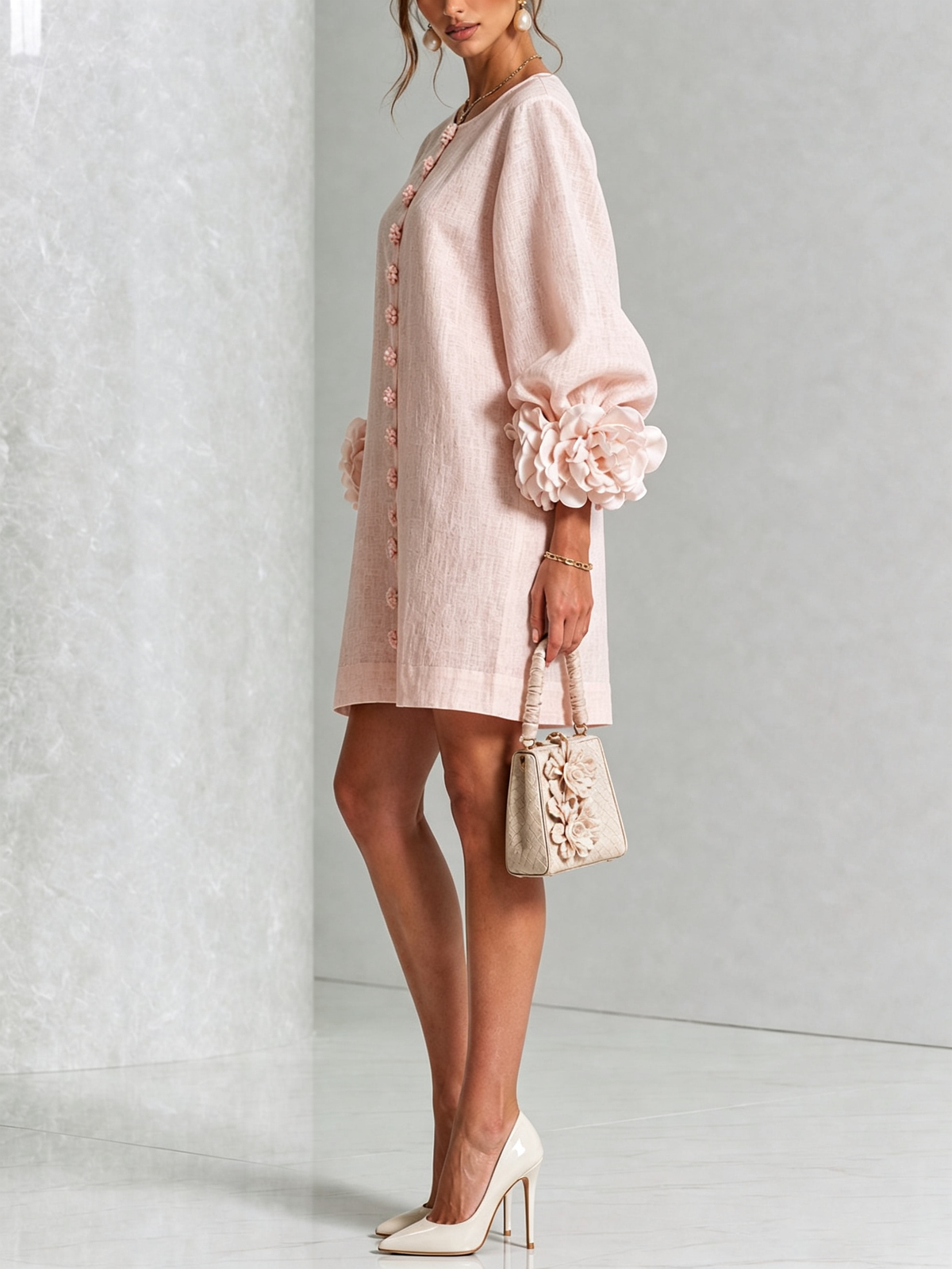 Aurora | Floral-Cuff Button Mini Dress