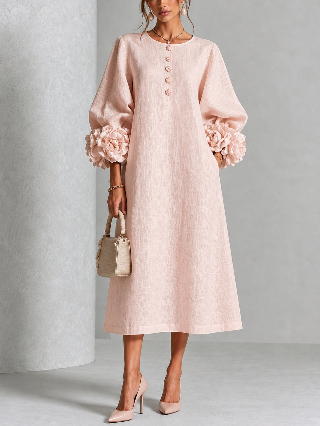 Rosetta | Floral-Cuff Midi Dress