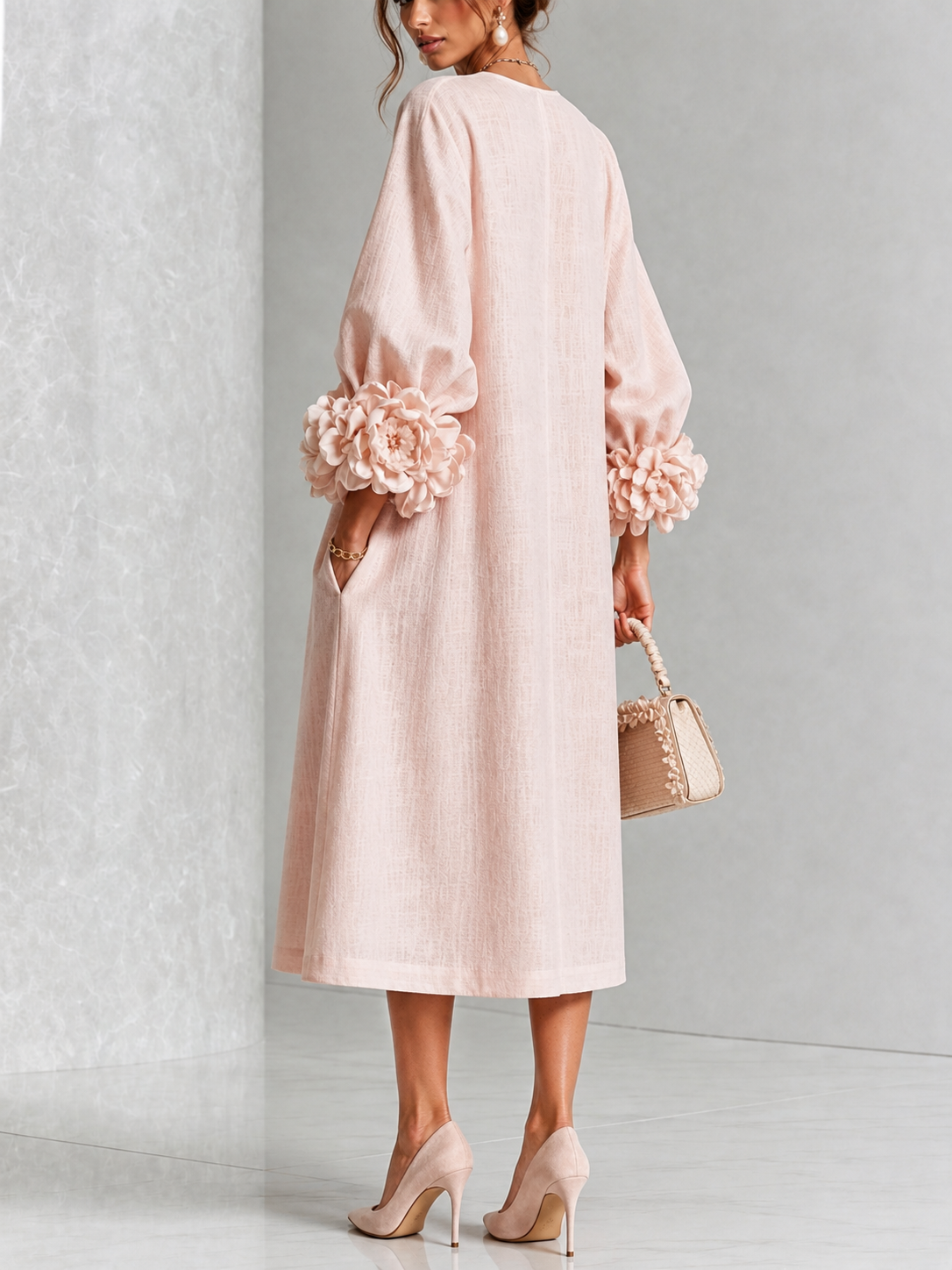 Rosetta | Floral-Cuff Midi Dress