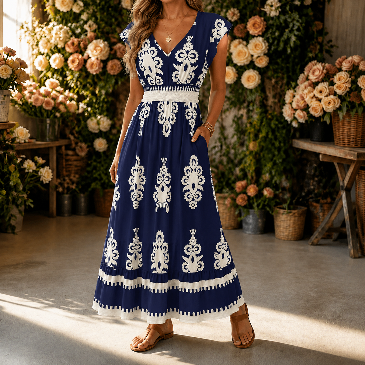 Odette | Damask Print Midi Dress