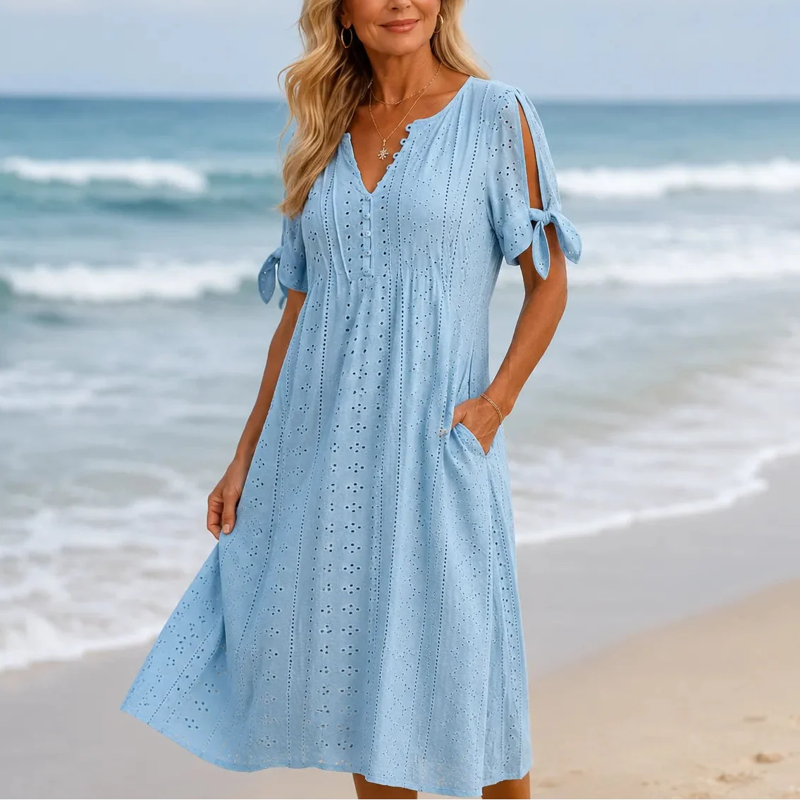 Lunavia | Eyelet Tie-Sleeve Midi Dress
