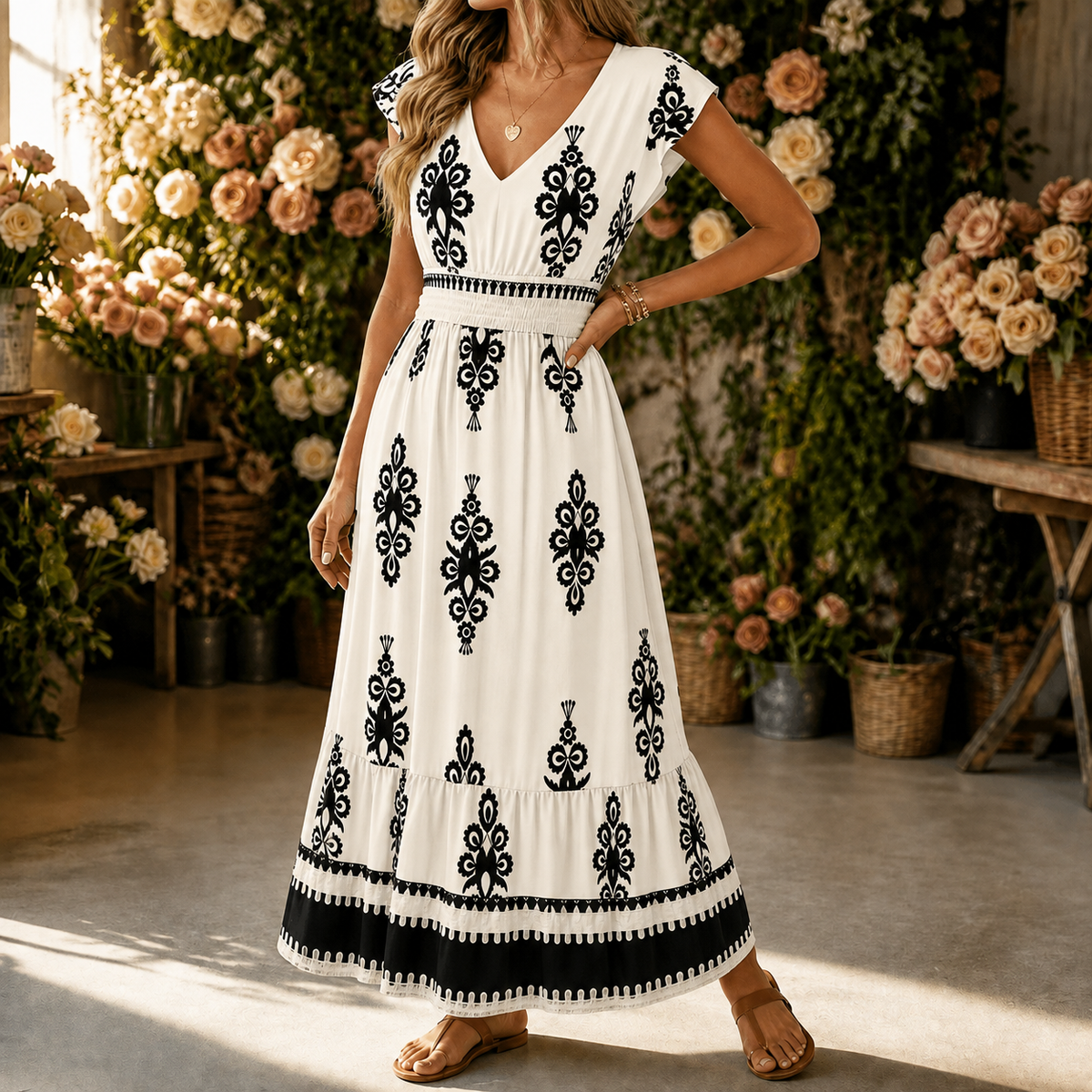 Odette | Damask Print Midi Dress
