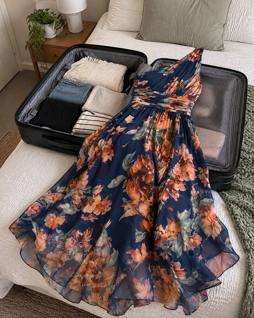 Celeste navy floral chiffon maxi dress set beside a suitcase for a weekend trip