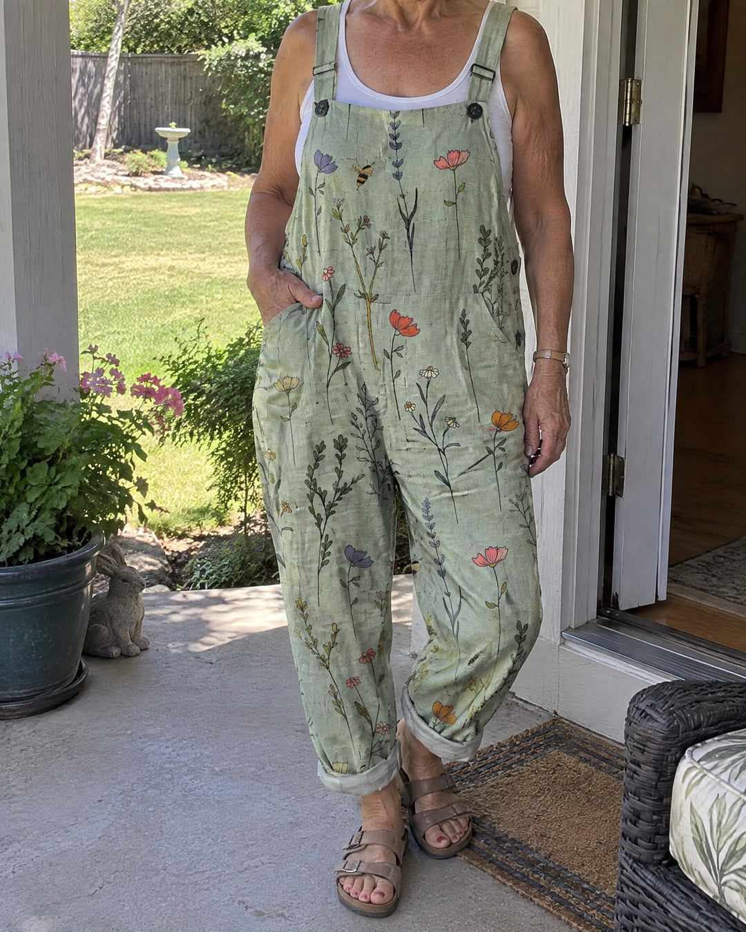 Mature woman wearing sage green floral overalls over a white top on home verandah